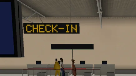 Check-in desks under a lit CHECK-IN sign in the MM1 hall, with travellers queueing, in the game