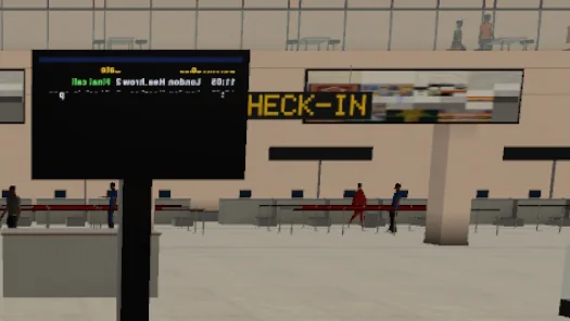 The departures hall at MMIA with a flight board, check-in desks and travellers, in the game