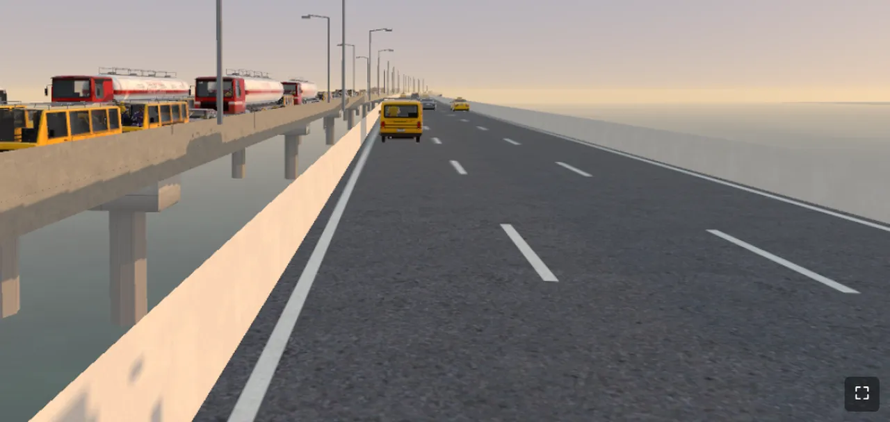 Driving across Third Mainland Bridge in evening traffic, in the game