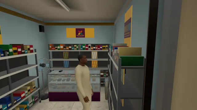 A player at the glass counter of the demo shop, with the shop's logo above and stocked shelves on both sides, in the game