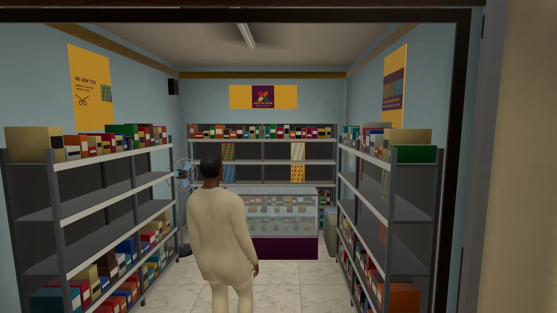 A player inside Aso Bloom, a made-up fabric shop in a lock-up in Victoria Island: shelves of cloth, a glass counter and the shop's logo on the wall, in the game