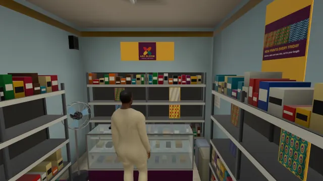 Shelves of the demo shop stocked with the business's own products, and its poster on the wall, in the game