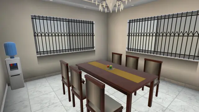 A dining table for six by barred windows in the duplex, by day, in the game