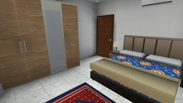 The duplex master bedroom with a padded headboard, patterned bedspread and a tall wardrobe, in the game