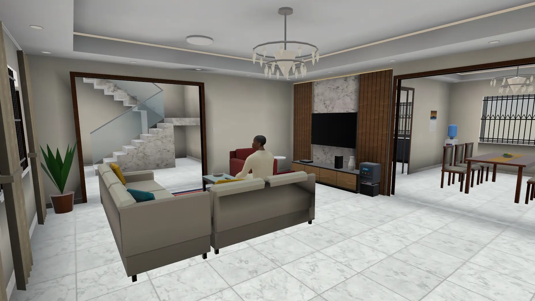 A player relaxing on the sofa in the sitting room of a Lekki duplex, chandelier overhead, in the game