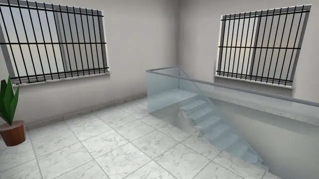 The upstairs landing of the duplex with a glass stair rail, in the game