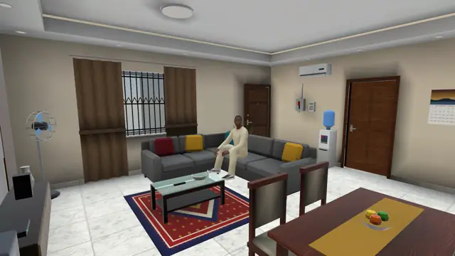 A player relaxing on the grey corner sofa of a furnished 2-bedroom flat in Victoria Island, by day, in the game