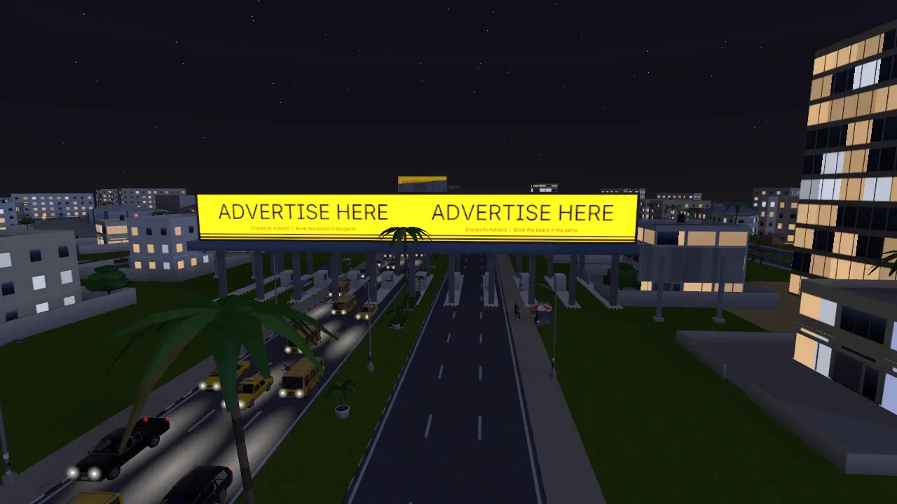 LED billboards glowing over the Lekki toll gate at night, with traffic passing, in the game